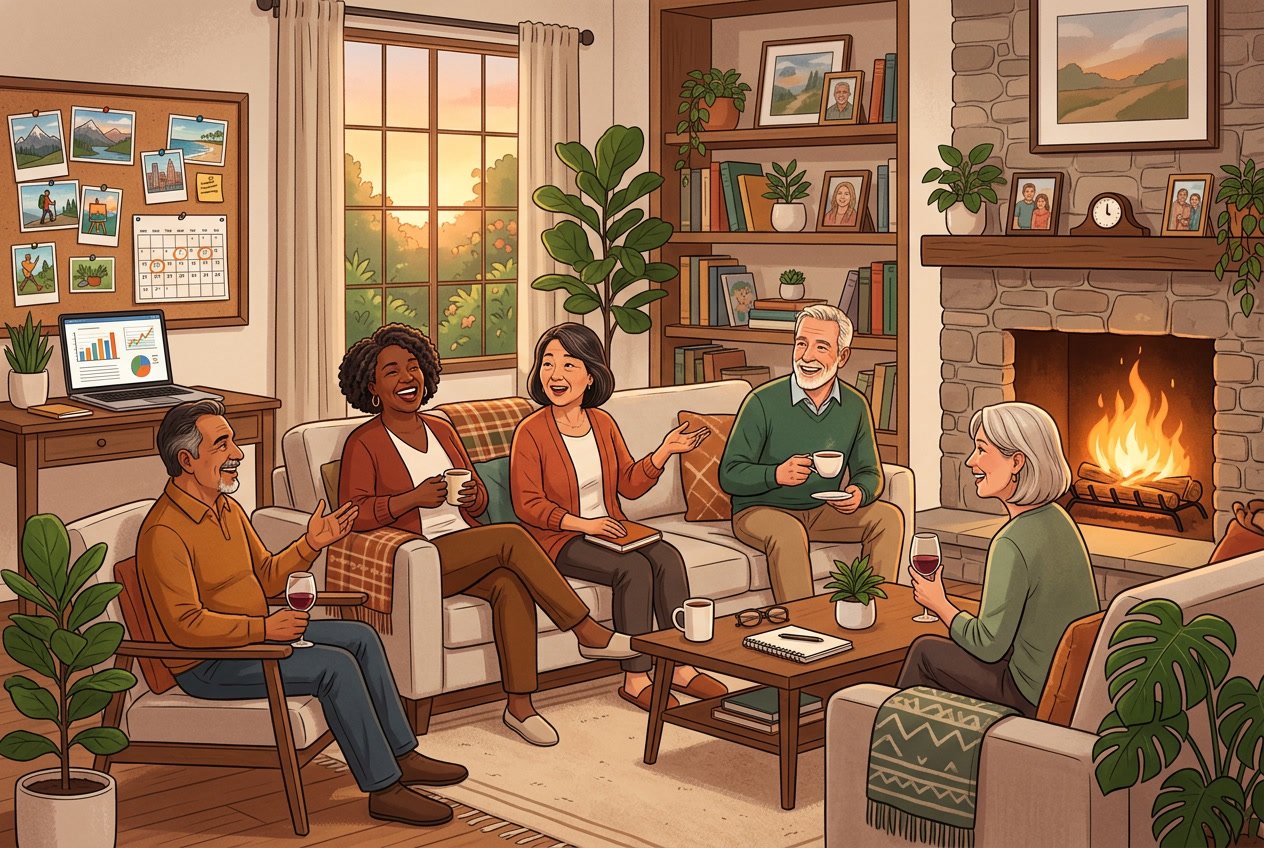 A group of older adults sitting together in a living room with a fireplace, sharing stories and enjoying each other's company.