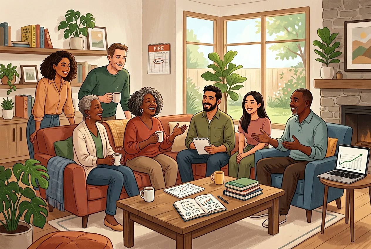 A group of diverse people sharing stories in a cozy living room with natural light, sitting and standing comfortably in a relaxed atmosphere.