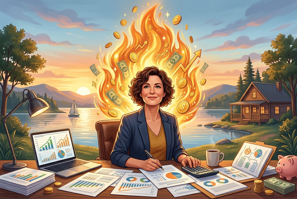 A person sitting at a desk with financial documents and charts, with a large flame made of coins and bills behind them, symbolizing financial independence and retirement planning.