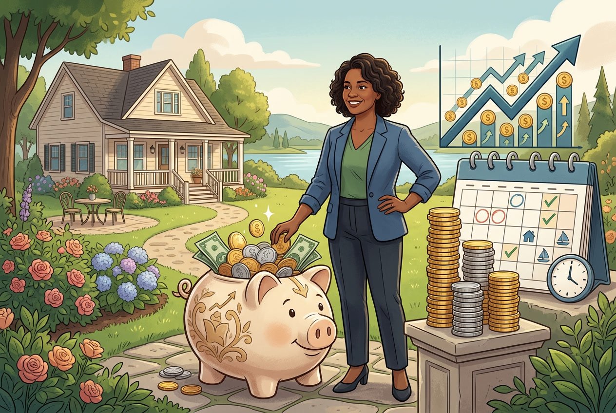 A person standing beside a large piggy bank with coins, a calendar, and a growing stack of coins, with a house in the background symbolizing retirement planning.