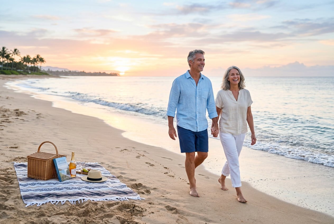 V2-1b3vm9-mc1d8 - Lets Hack Your Finances A middle-aged couple walking hand-in-hand along a peaceful beach at sunrise with a picnic setup nearby.