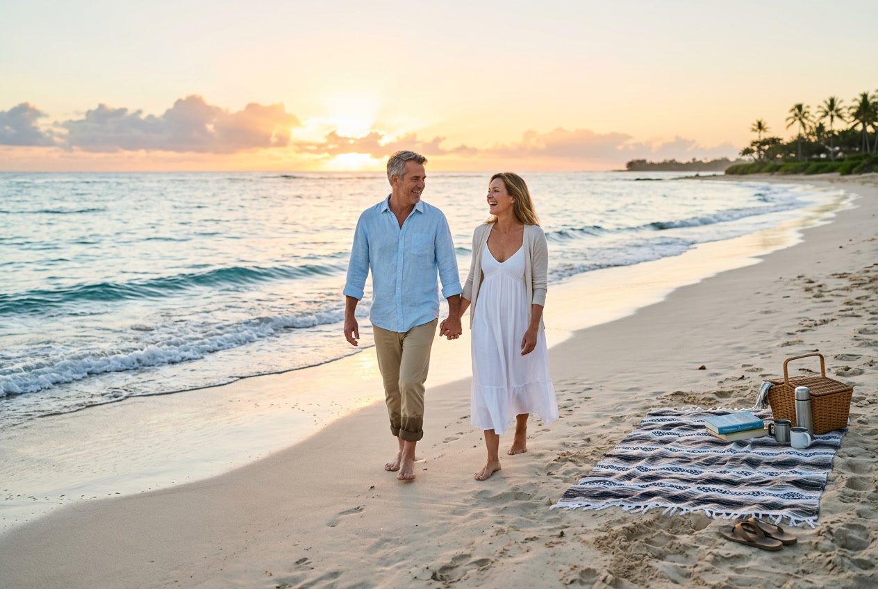 V2-1b3vmk-6doyw - Lets Hack Your Finances A middle-aged couple walking hand-in-hand along a peaceful beach at sunrise with a picnic setup nearby.