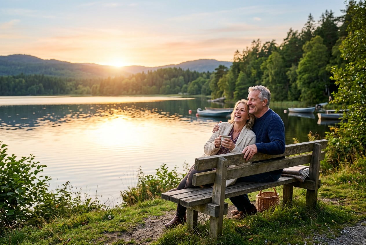 V2-1b3vnf-nqqg8 - Lets Hack Your Finances A middle-aged couple sitting on a bench by a calm lake surrounded by trees, enjoying a peaceful moment during sunset.