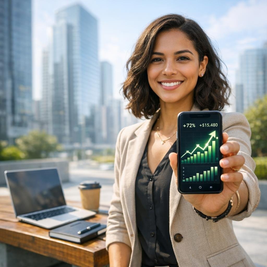 Woman showing a stock graph on her phone