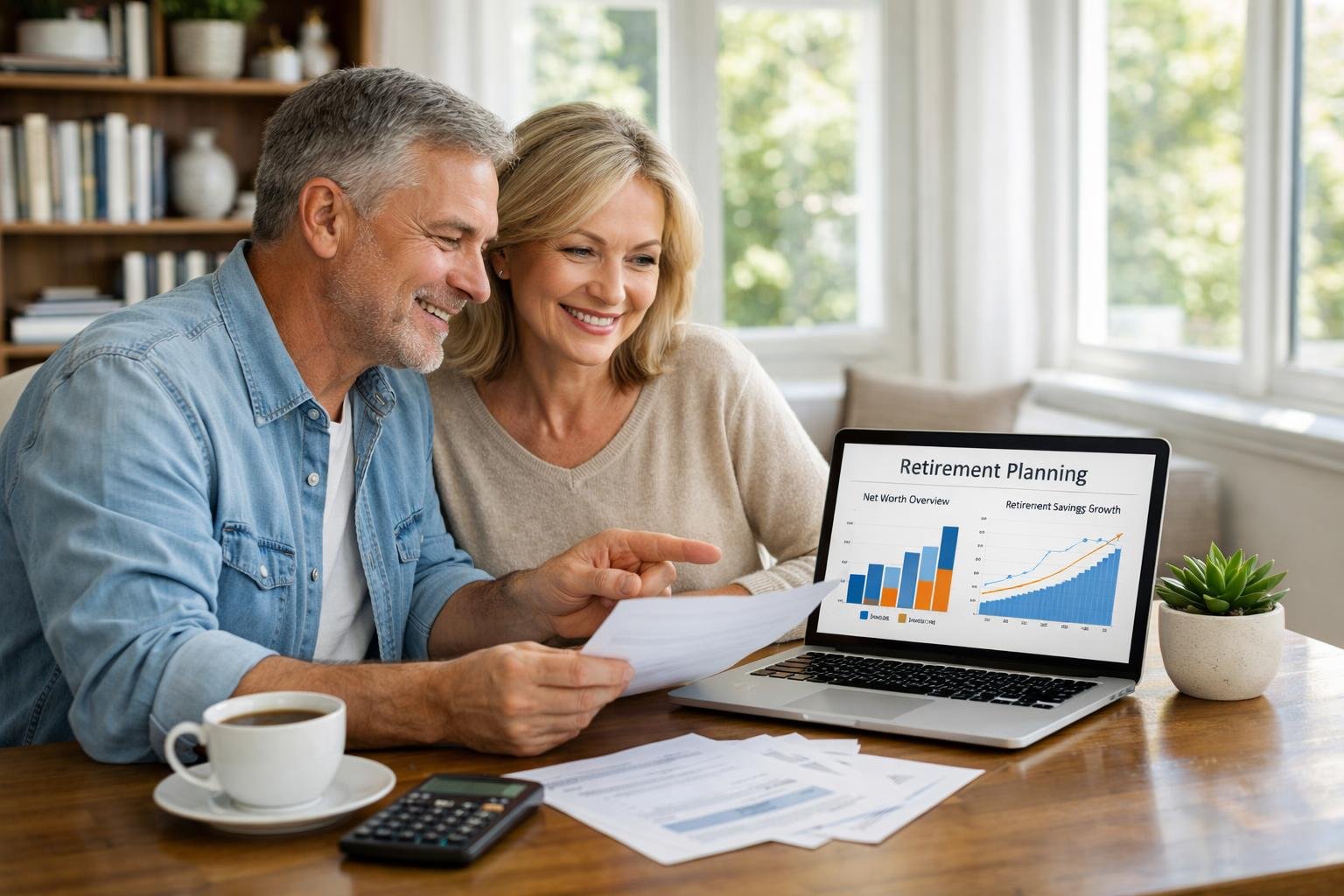 V2-1bep6j-p5urb - Lets Hack Your Finances A middle-aged couple sitting at a table reviewing financial documents and a laptop in a bright living room.