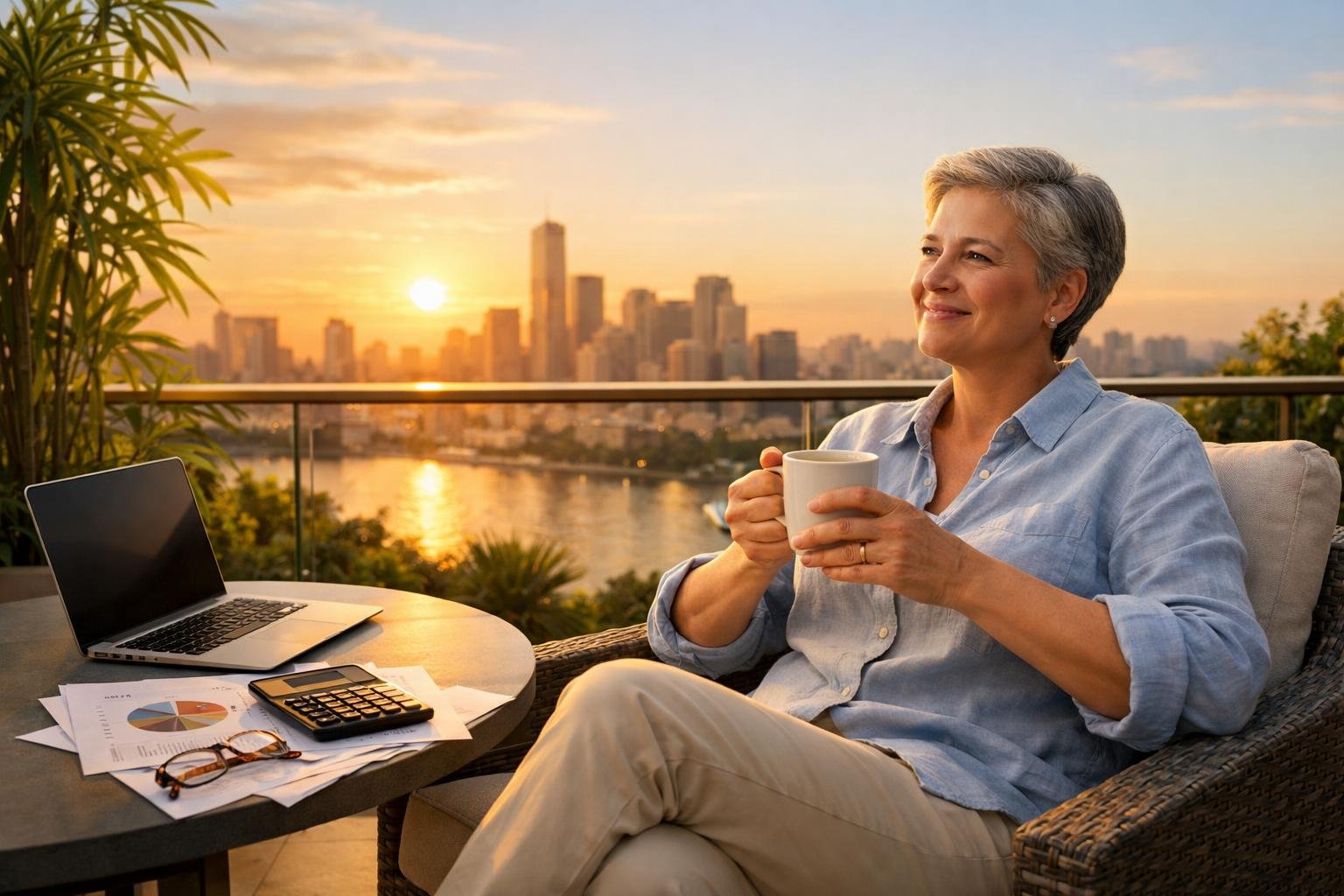 V2-1bep89-a7c8q - Lets Hack Your Finances A middle-aged person sitting on a balcony overlooking a city at sunset, holding a cup of coffee with financial items on a table nearby.