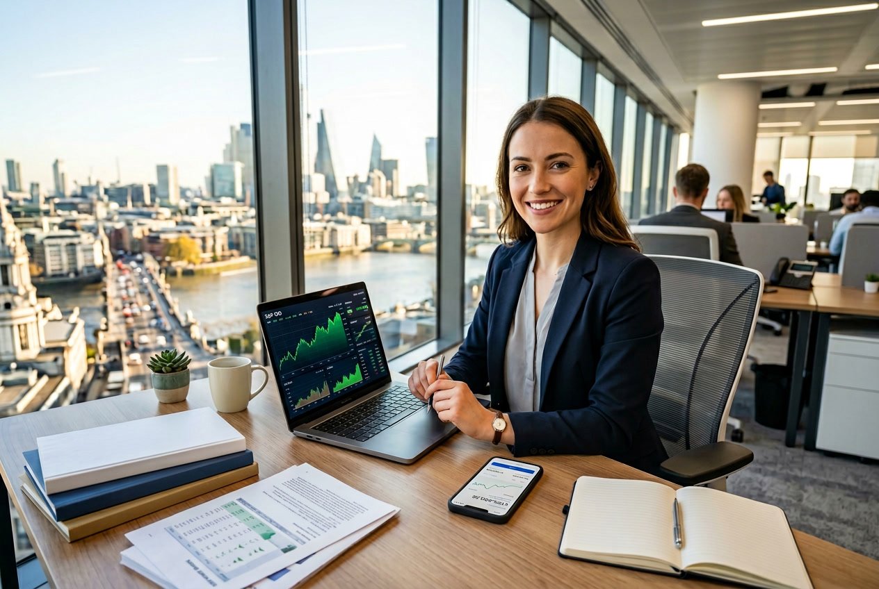 A young professional at a modern office desk with a laptop showing stock charts, a smartphone, and financial documents, smiling confidently with a city skyline visible through a large window.