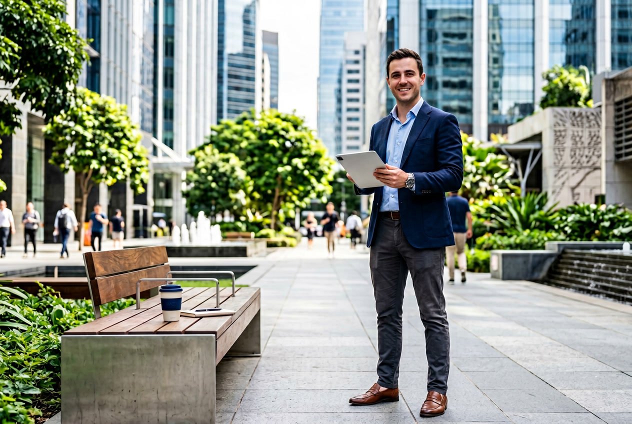 A confident young professional standing outdoors in a city holding a tablet with financial charts, smiling in daylight.