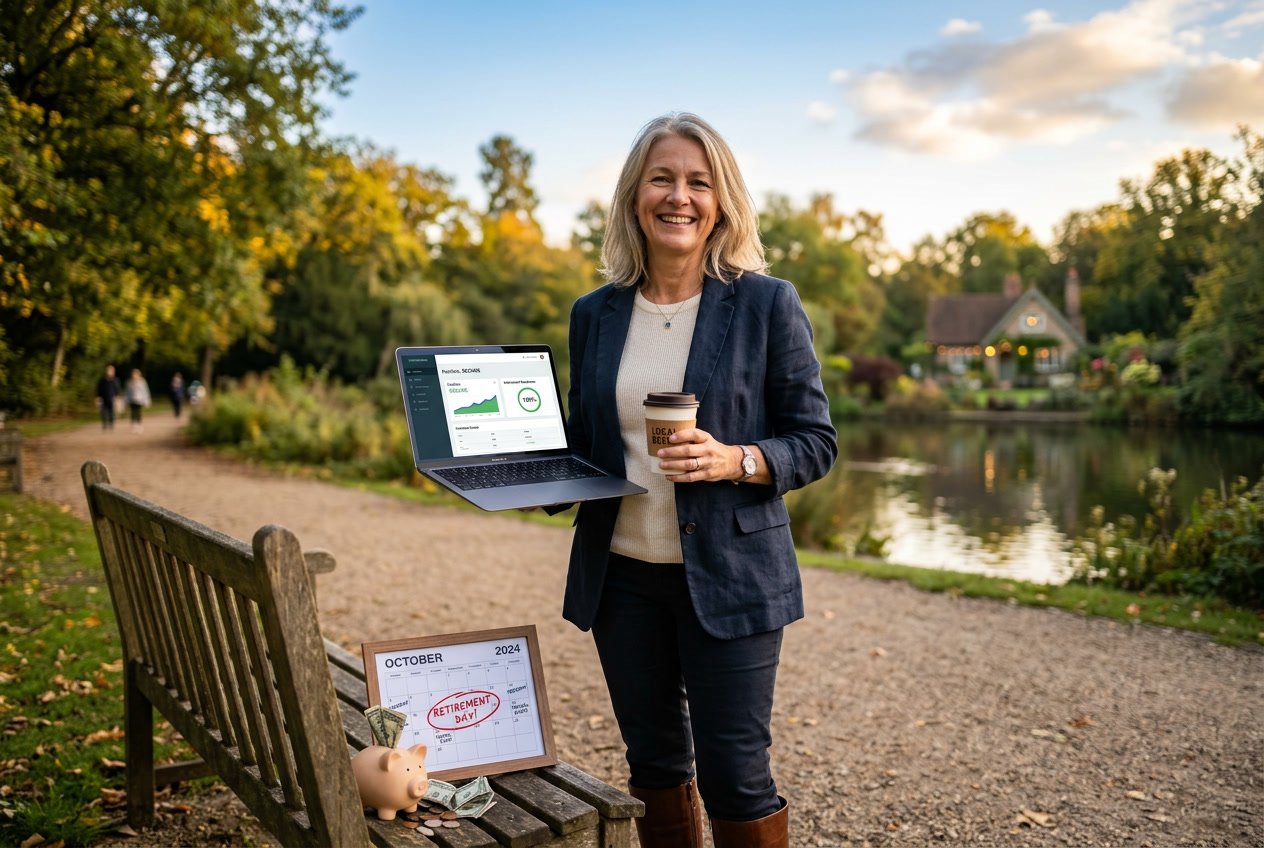 A middle-aged person standing outdoors in a park holding a laptop and coffee, with a peaceful home and financial symbols in the background.