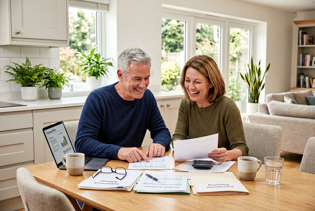 A middle-aged couple sitting at a kitchen table reviewing financial documents, looking happy and relaxed.