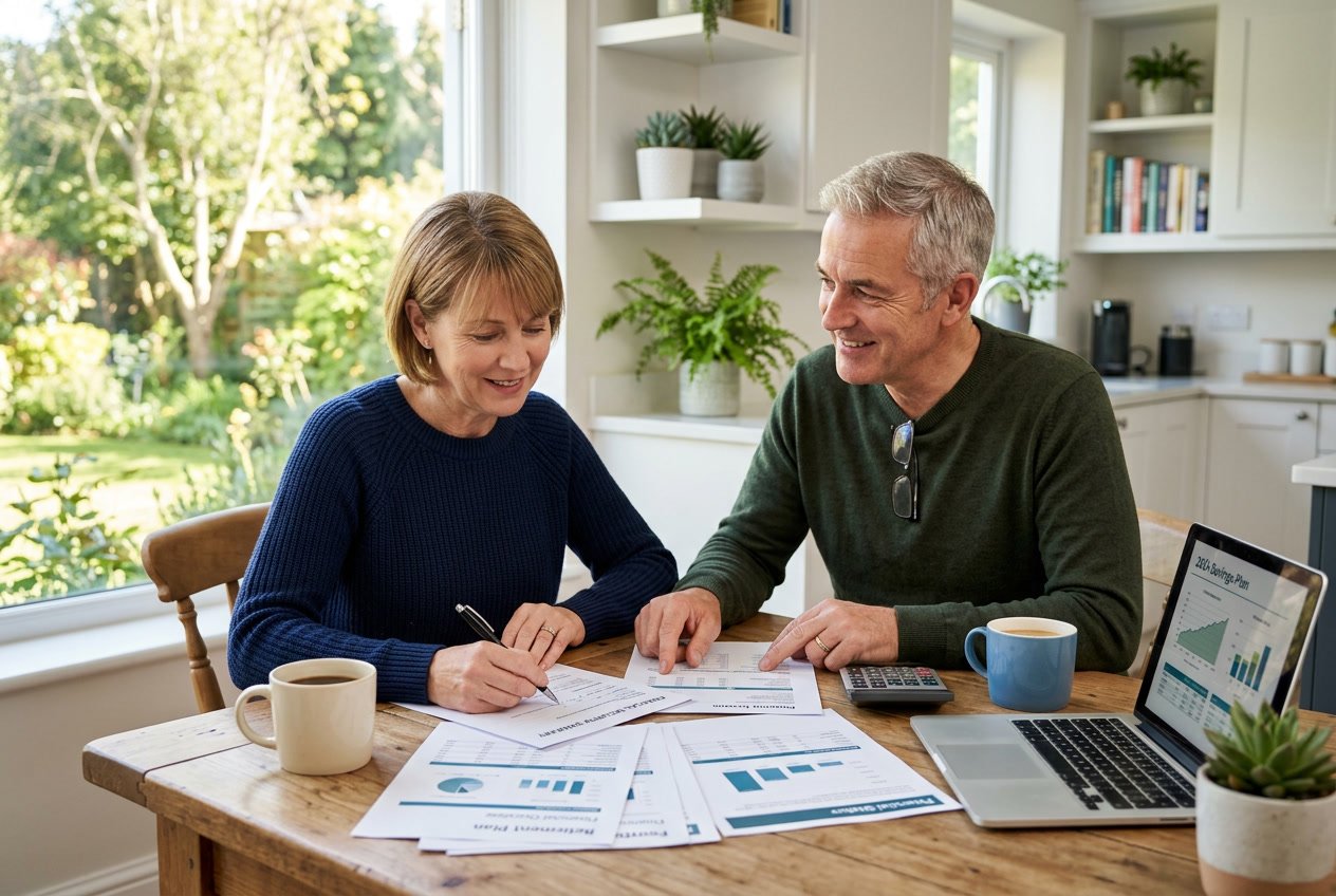 Middle-aged couple sitting at a kitchen table reviewing financial documents together.